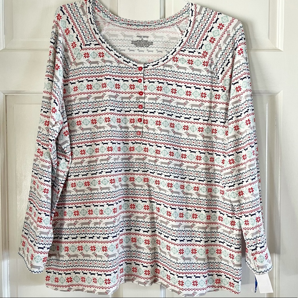 Sleep Sense Women’s Dog & Snowflake Holiday Long Sleeve Pajama Shirt  NWOT